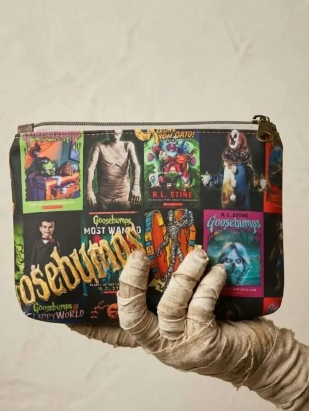 creepy stories title cosmetic pouch, waterproof canvas lining, mummy